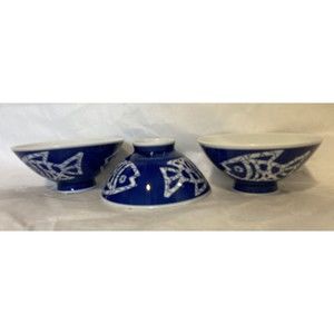 Set 3 Vintage Asian Japanese Rice Sauce Bowls Fish Design Blue White Porcelain